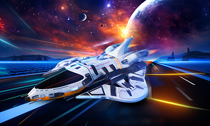 Sleek white and orange futuristic spaceship gliding through space, passing a large planet and vibrant nebula with glowing trails.