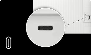 Samsung monitor and laptop connected via a USB-C cable, displaying a presentation slide with numbered sections. Power, Data Transfer, Display signal icons.
