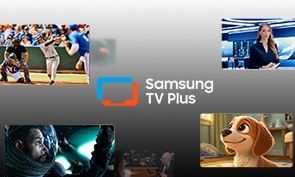 Samsung TV Plus logo surrounded by four thumbnails showing sports, news, sci-fi, and animated content.